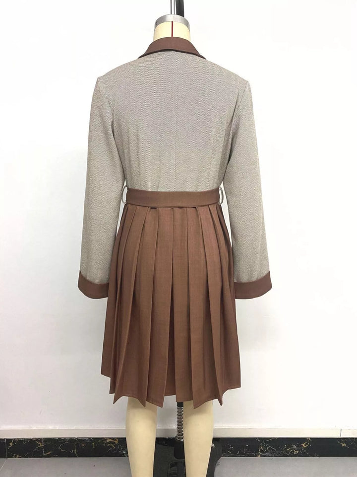 Brown Pleated Patchwork Blazer Belt Dress — product image 17 of 17