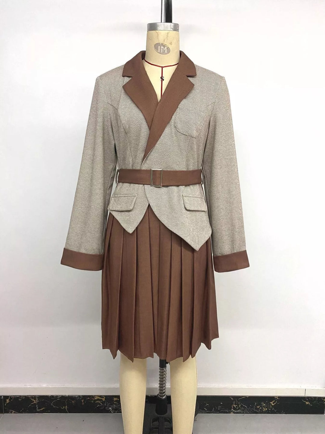 Brown Pleated Patchwork Blazer Belt Dress — product image 15 of 17