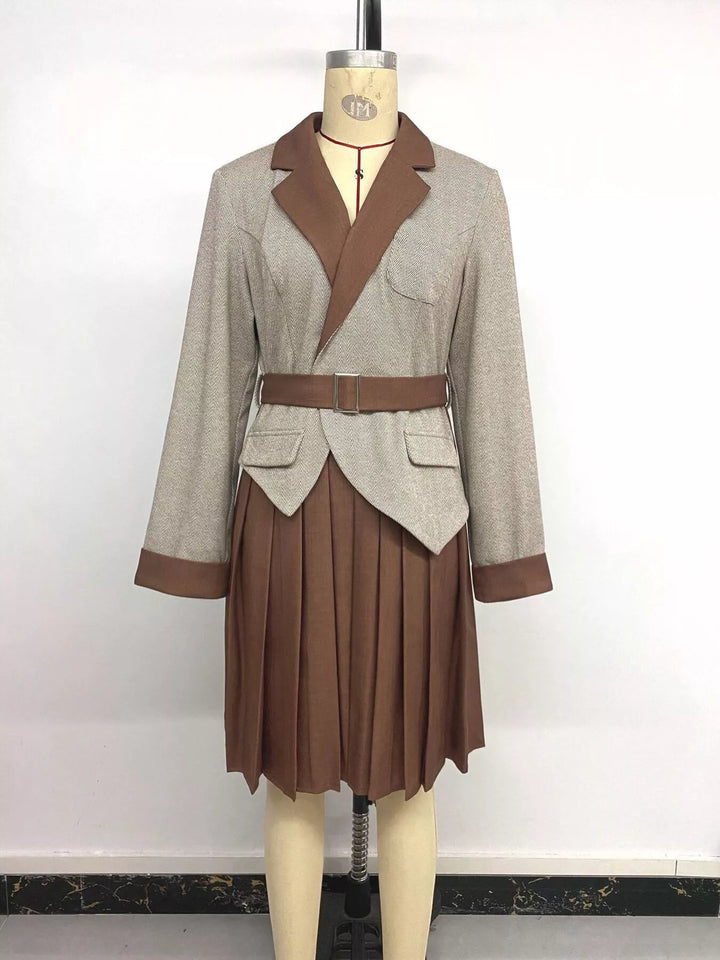 Brown Pleated Patchwork Blazer Belt Dress — product image 15 of 17