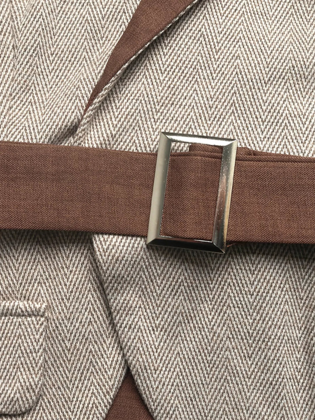 Brown Pleated Patchwork Blazer Belt Dress — product image 9 of 17