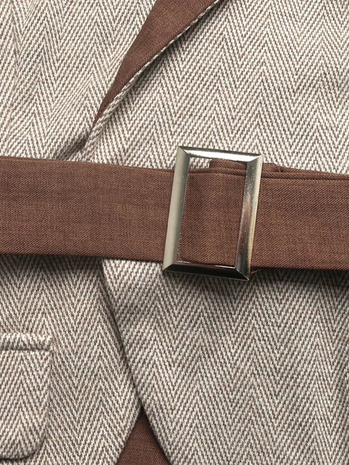 Brown Pleated Patchwork Blazer Belt Dress — product image 9 of 17