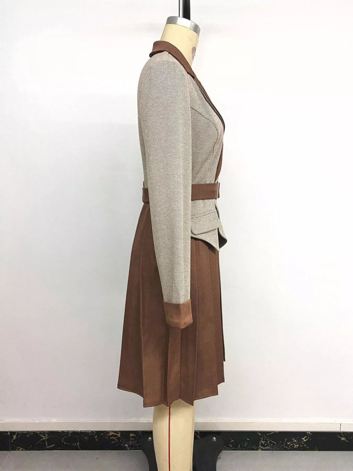 Brown Pleated Patchwork Blazer Belt Dress — product image 16 of 17