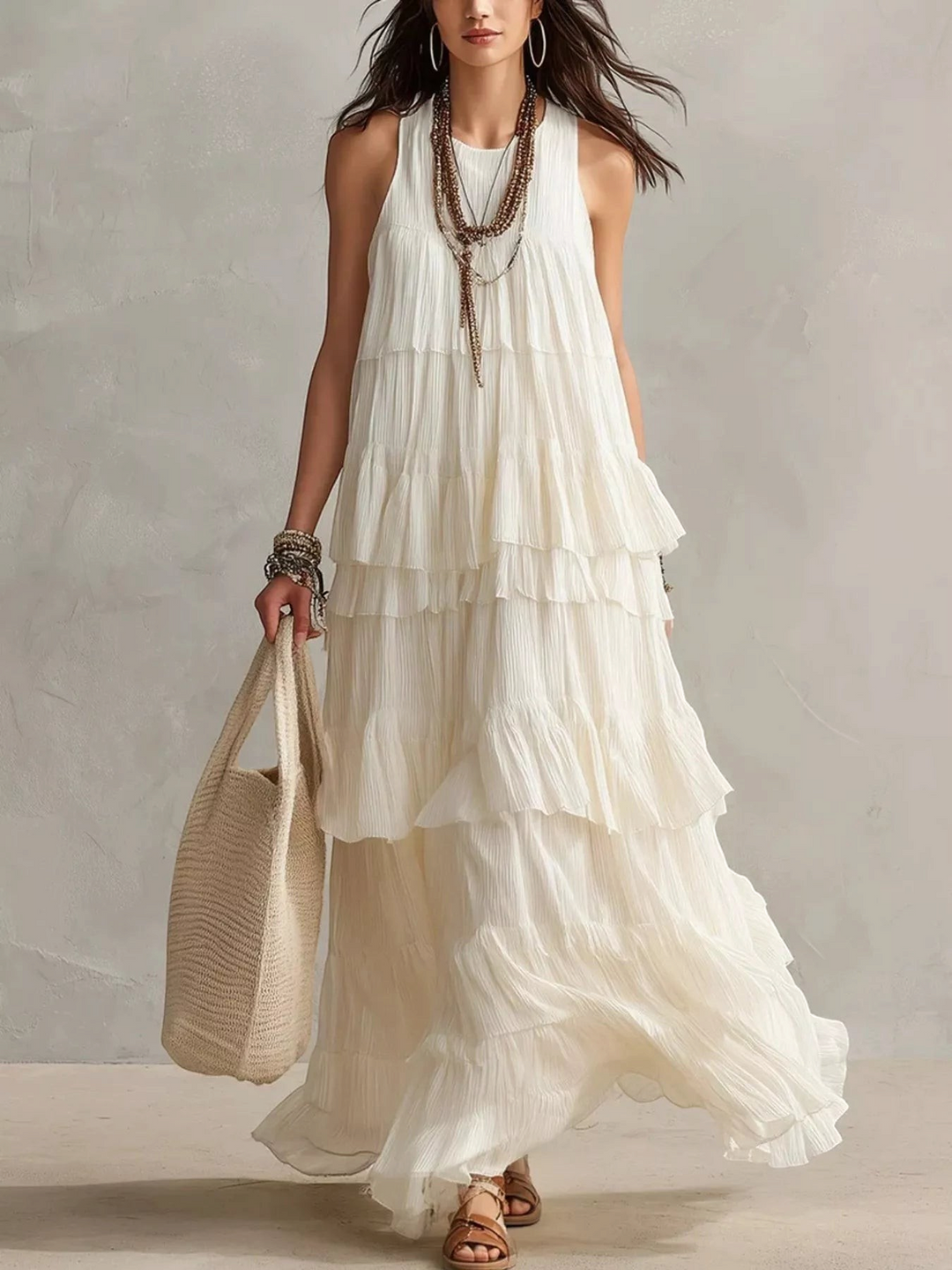 Fashion Coquette sleeveless white maxi dress with tiered ruffles, worn by a model with a woven tote bag.